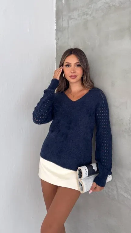 Dark Navy Blue Openwork Sleeve Beard Sweater