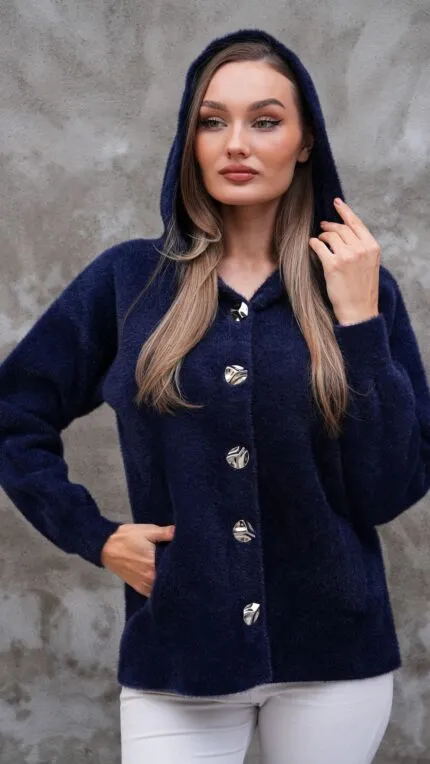 Dark Navy Hooded Shawl Collar Cardigan