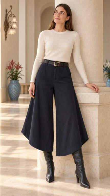 Elastic Waistband Wide Leg Pants