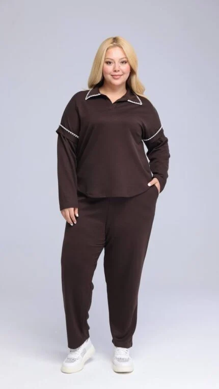 BITTER COFFEE Crochet Detail Plus Size Two-Piece Set