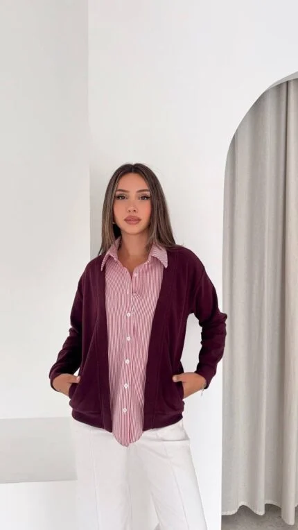Burgundy Shirt with Garni Cardigan