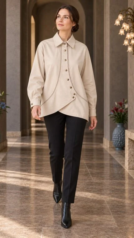 Button-Detailed Shirt with Guipure Lace 6342